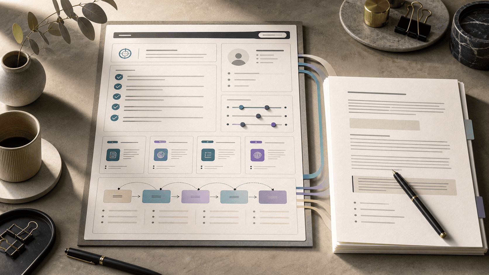 Structured content brief connected to an organized draft on an editorial desk