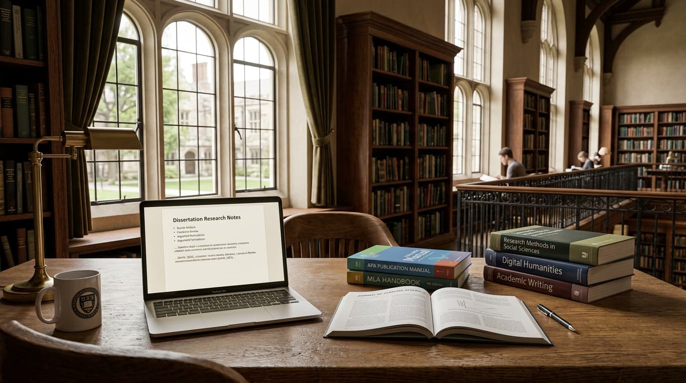 University research library desk with academic textbooks, citation style manuals, and research notes on a laptop