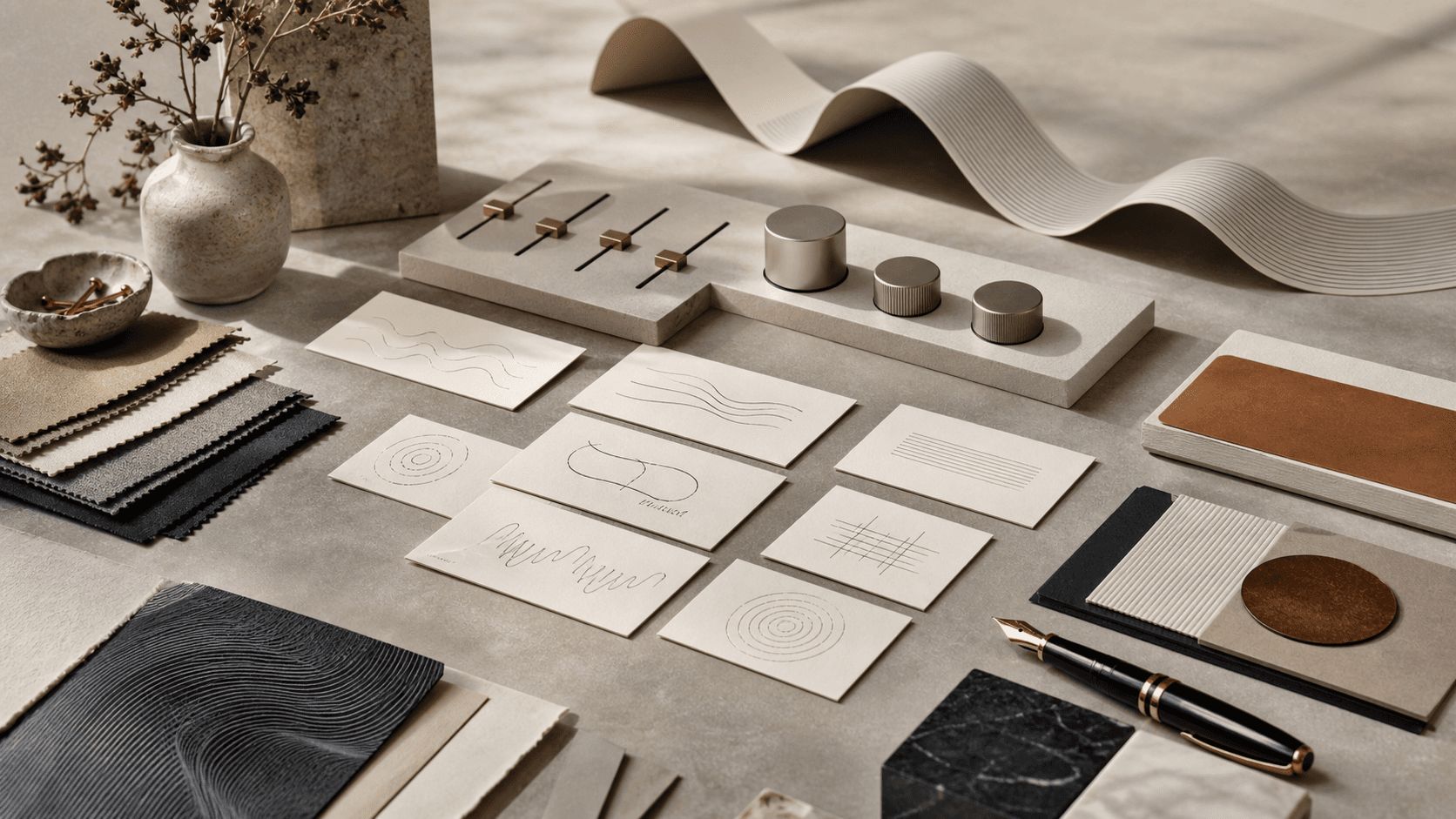 Brand voice materials arranged with tone controls, paper samples, and writing tools