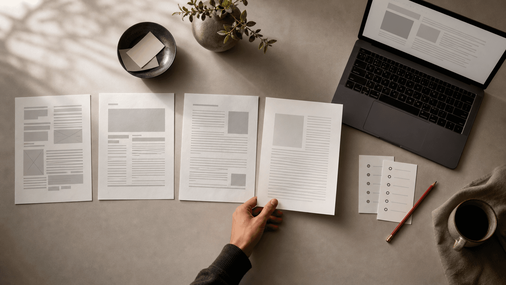 Editor comparing structured article drafts during an AI-assisted editorial review