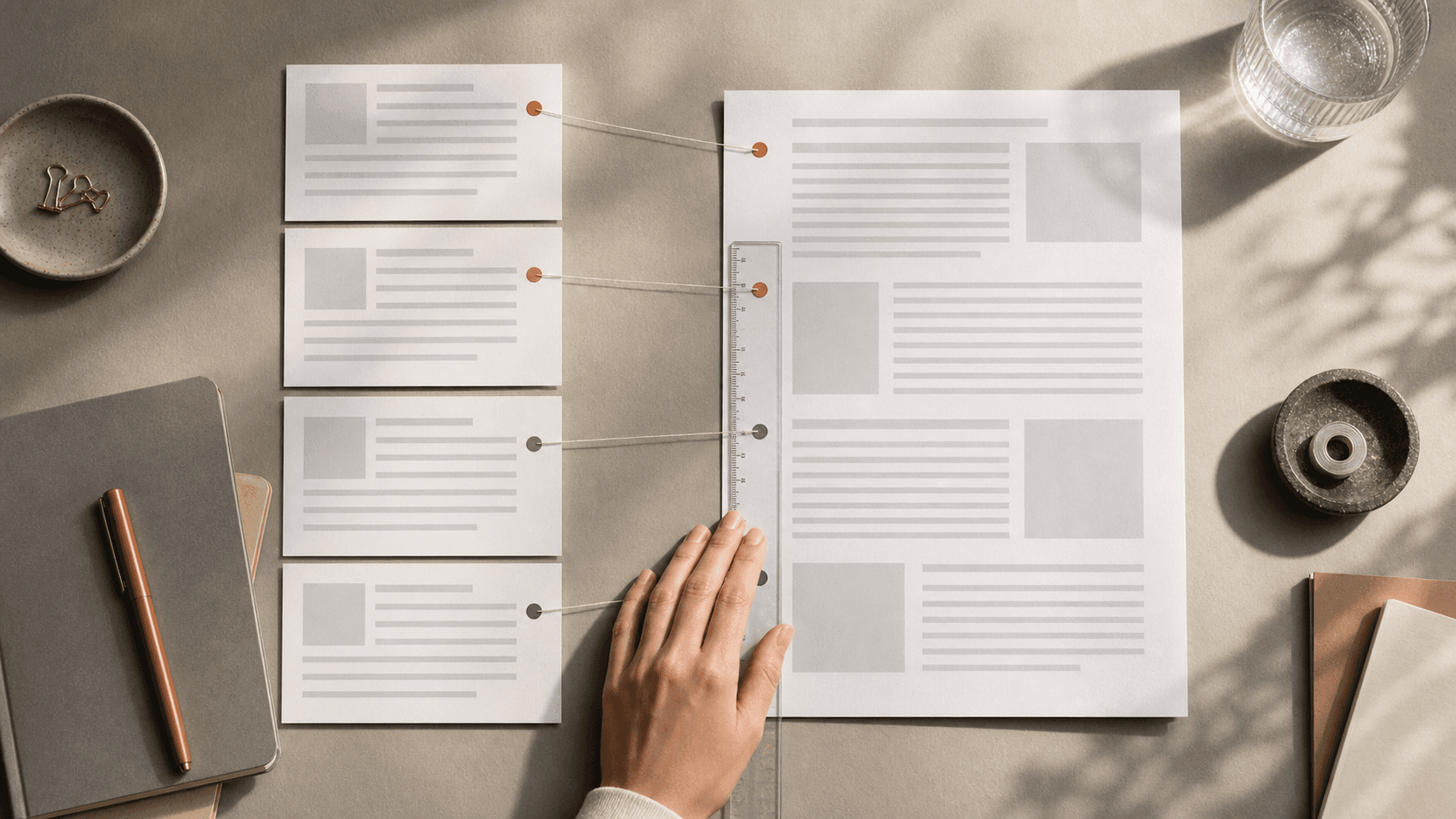 Editor mapping facts from source notes into a carefully revised article