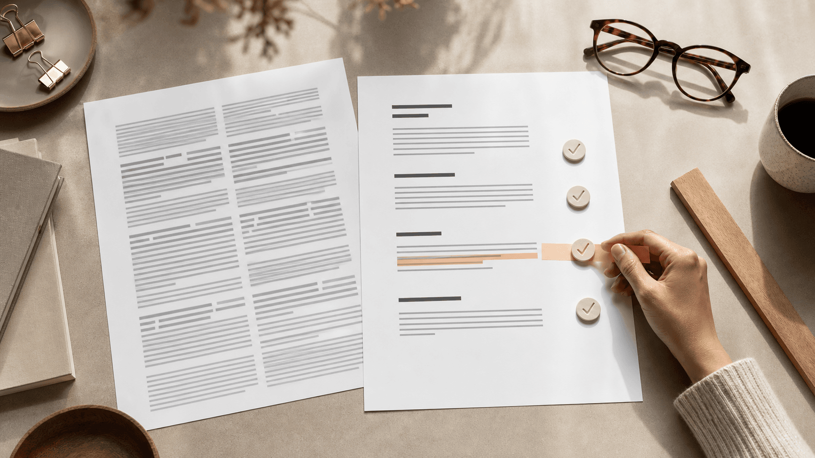Editor applying a clarity and readability checklist to a revised draft