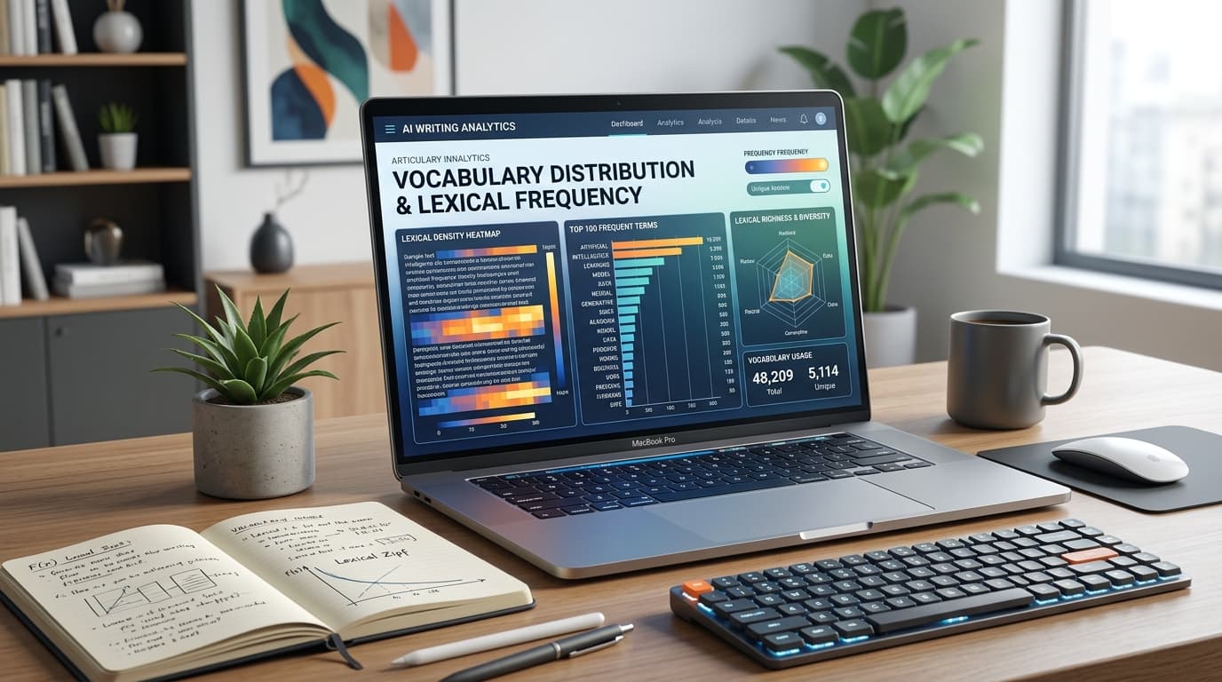 Digital workstation displaying vocabulary distribution, lexical frequency analytics, and document editing diffs