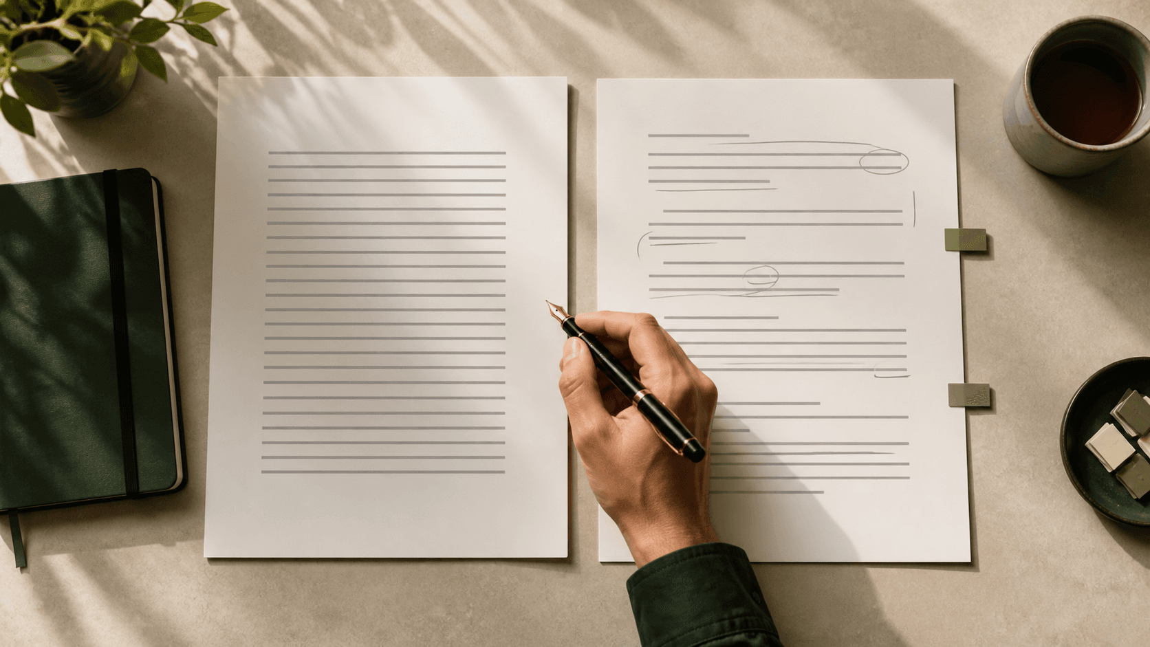 Writer revising a rigid draft into clearer, more natural prose