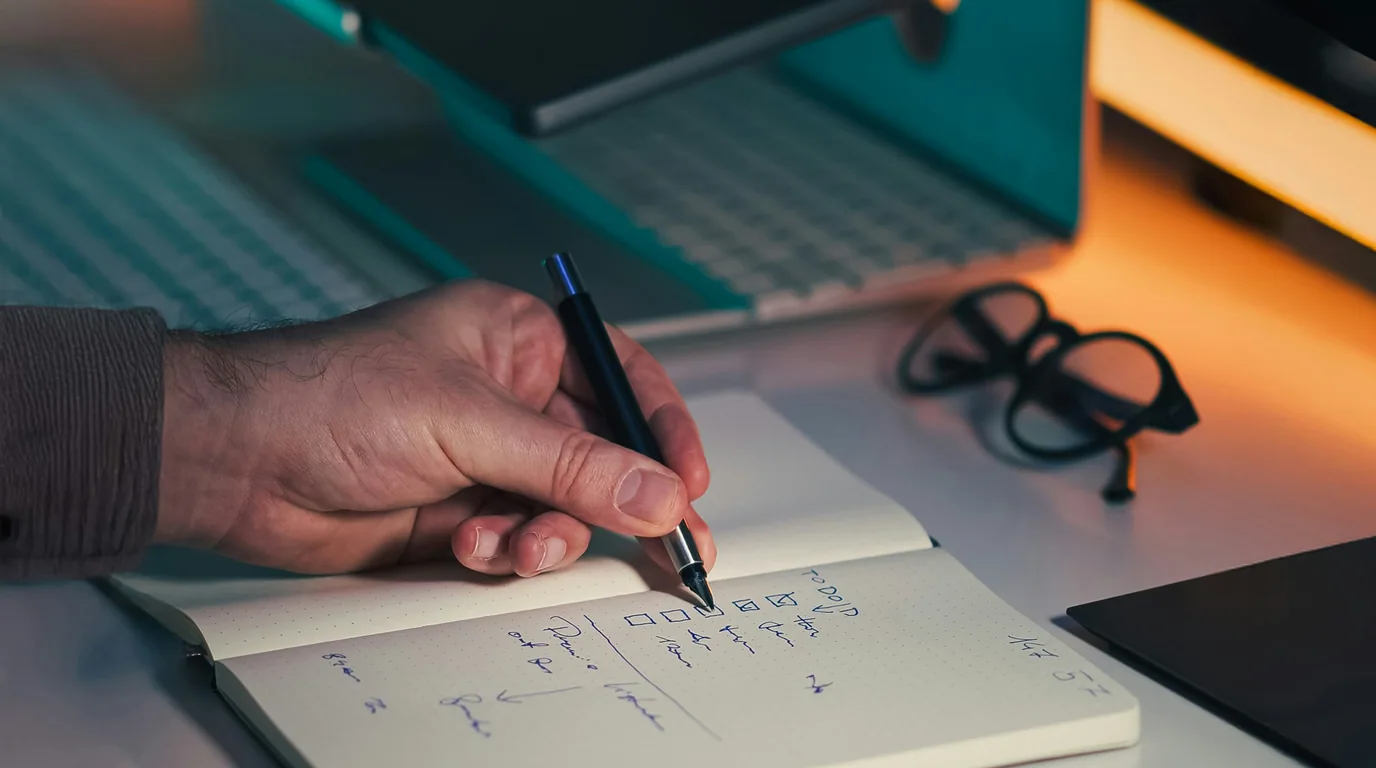 A hand writing notes beside a laptop and glasses