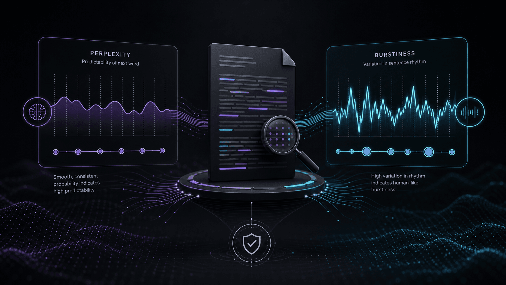 Conceptual visualization comparing predictable token patterns with varied sentence rhythm