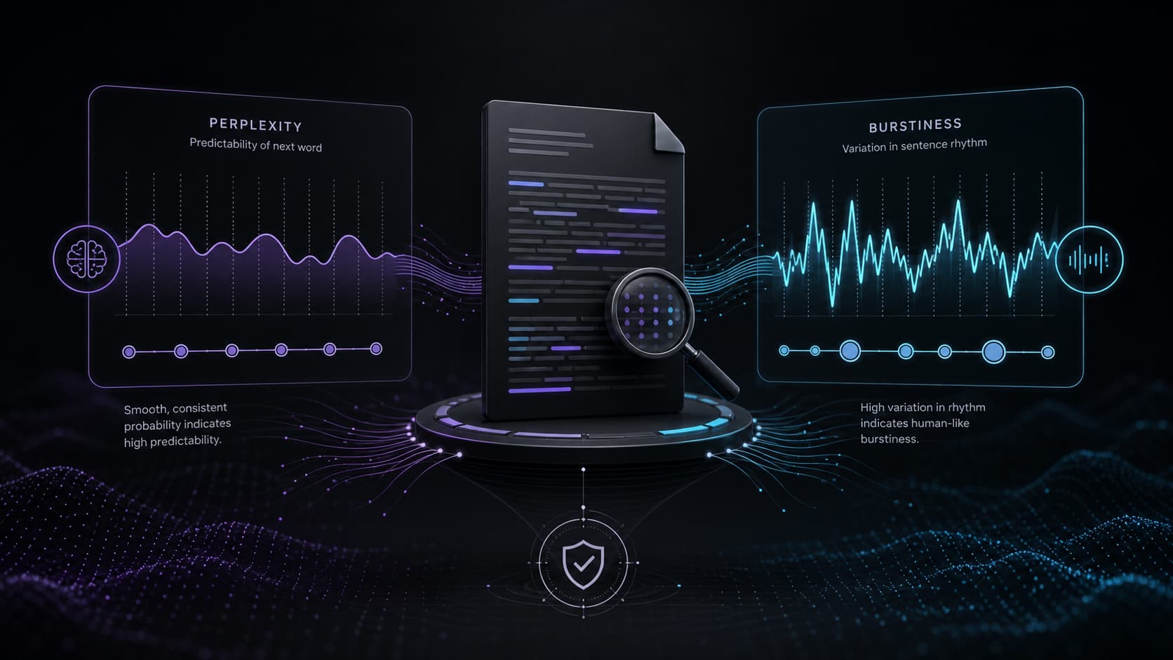 Conceptual visualization comparing predictable token patterns with varied sentence rhythm
