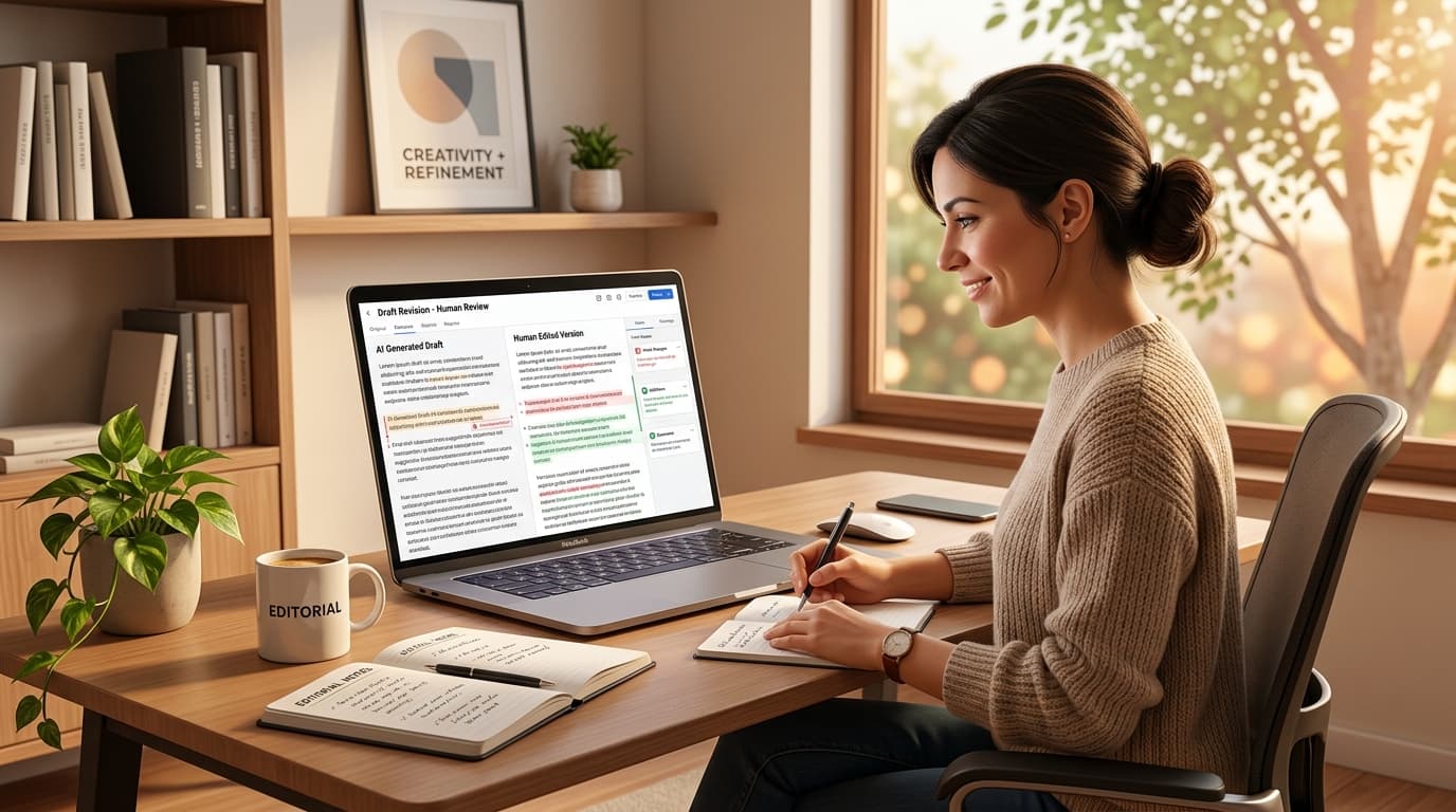Editor reviewing document draft revision side-by-side with diffs and verification checklist