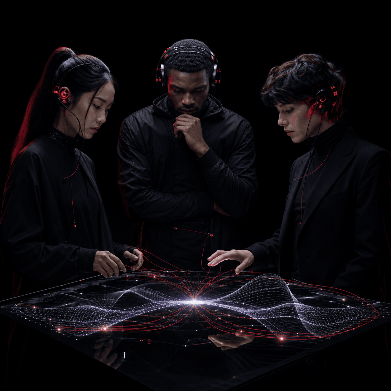 A diverse creative team collaborating with human-centered AI